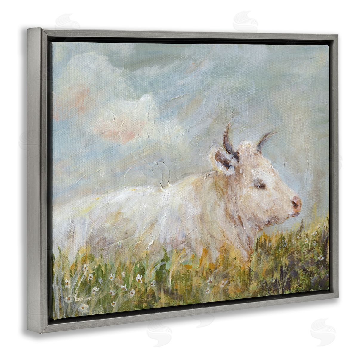 Subtle Cattle Sun Bathing Grey Floating Frame Canvas Wall Art, Home Decor by Amanda Hilburn
