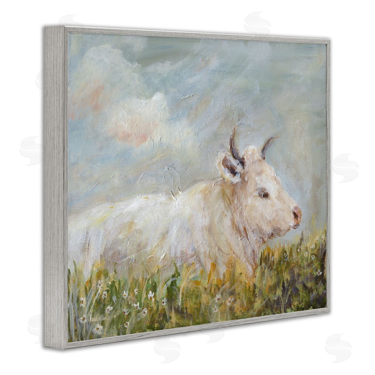 Subtle Cattle Sun Bathing Grey Frame Print Wall Art, Home Decor by Amanda Hilburn