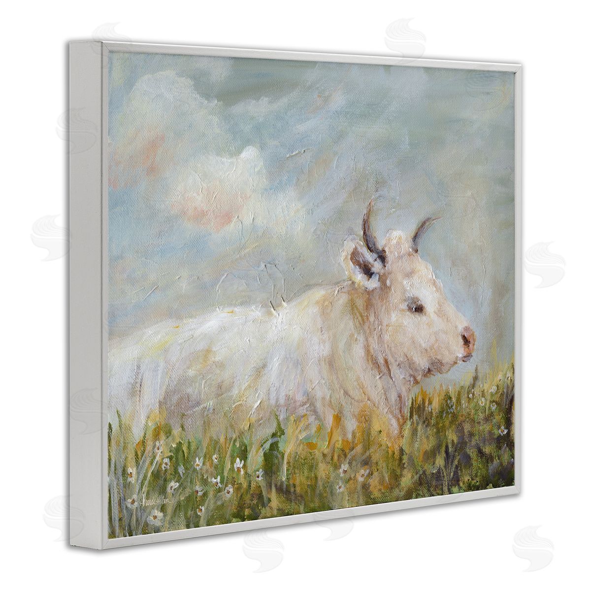 Subtle Cattle Sun Bathing White Frame Print Wall Art, Home Decor by Amanda Hilburn