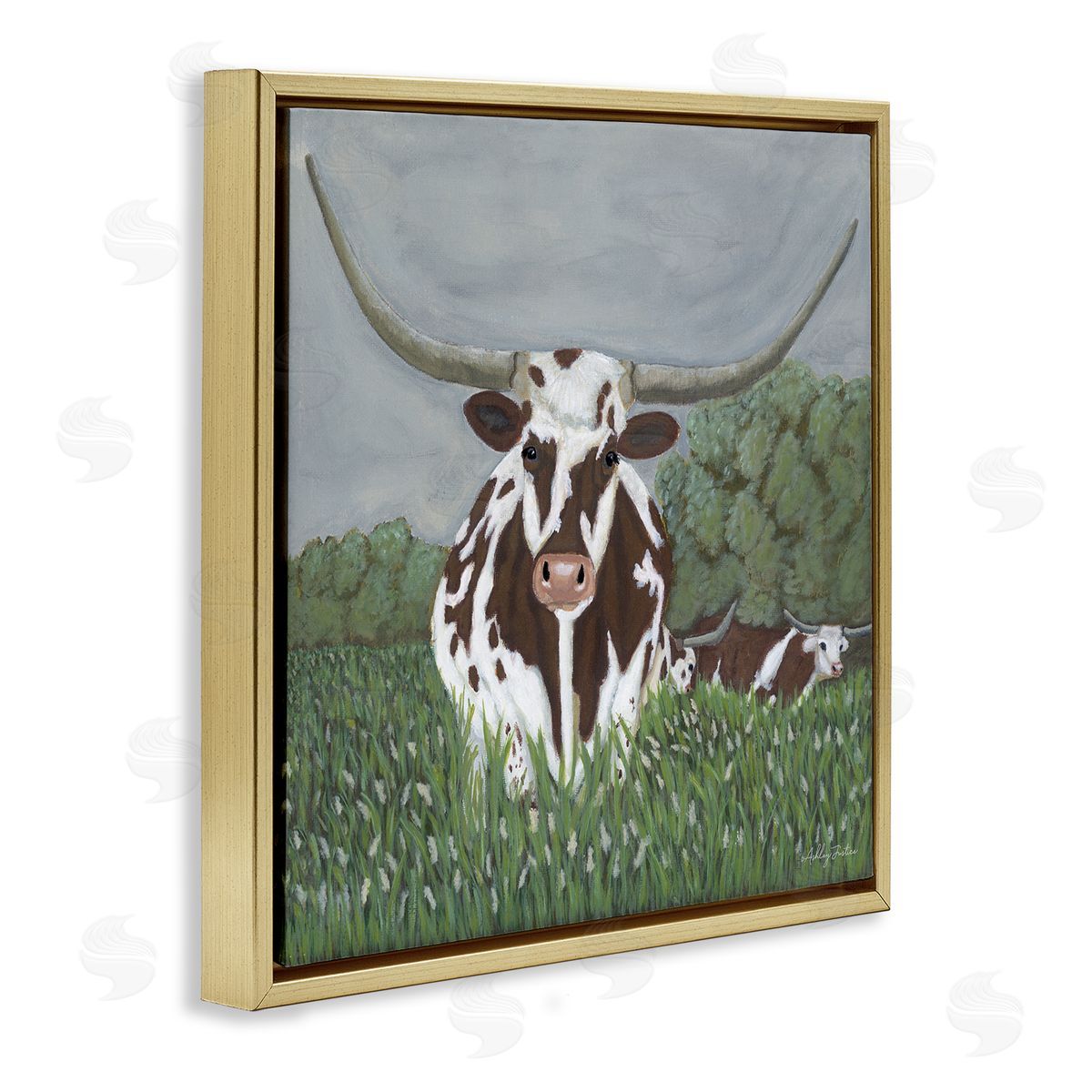 Spotted Longhorn in Nature Gold Floating Frame Canvas Wall Art, Home Decor by Ashley Justice