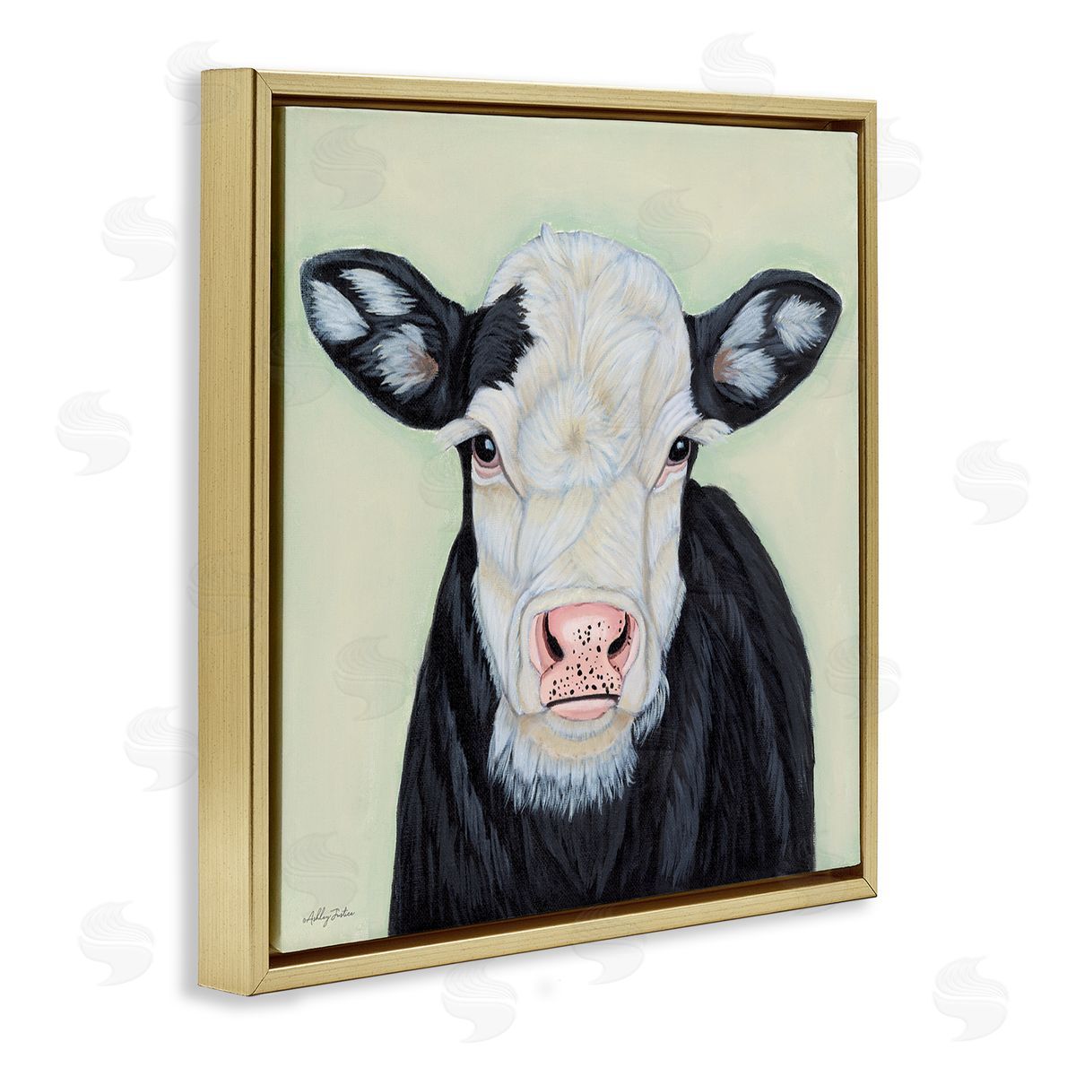 Cow with Spotted Ears Gold Floating Frame Canvas Wall Art, Home Decor by Ashley Justice
