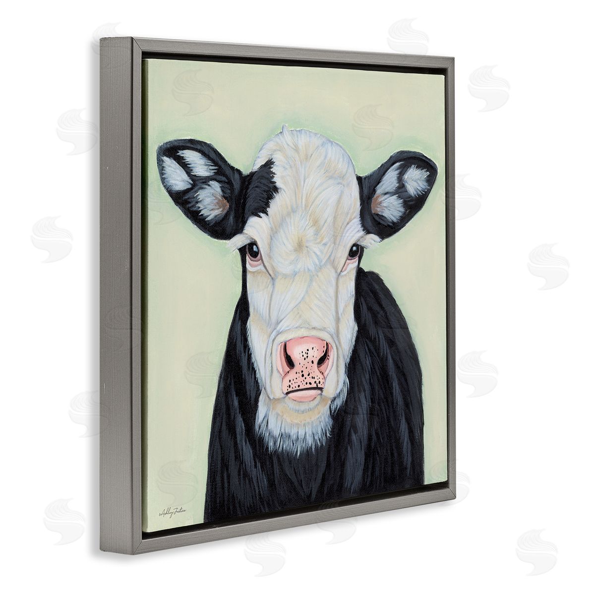 Cow with Spotted Ears Grey Floating Frame Canvas Wall Art, Home Decor by Ashley Justice