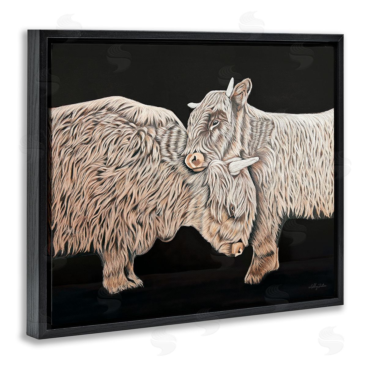 Hugging Cattle on Black Black Floating Frame Canvas Wall Art, Home Decor by Ashley Justice