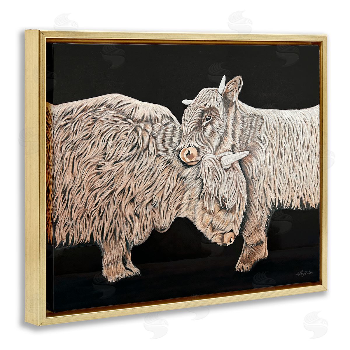 Hugging Cattle on Black Gold Floating Frame Canvas Wall Art, Home Decor by Ashley Justice