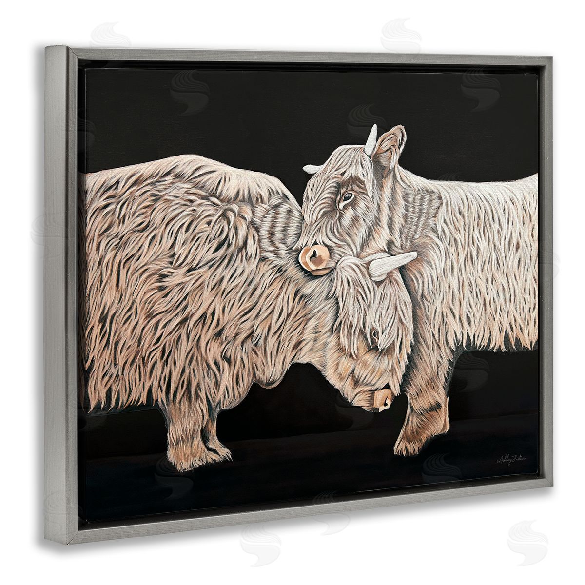 Hugging Cattle on Black Grey Floating Frame Canvas Wall Art, Home Decor by Ashley Justice