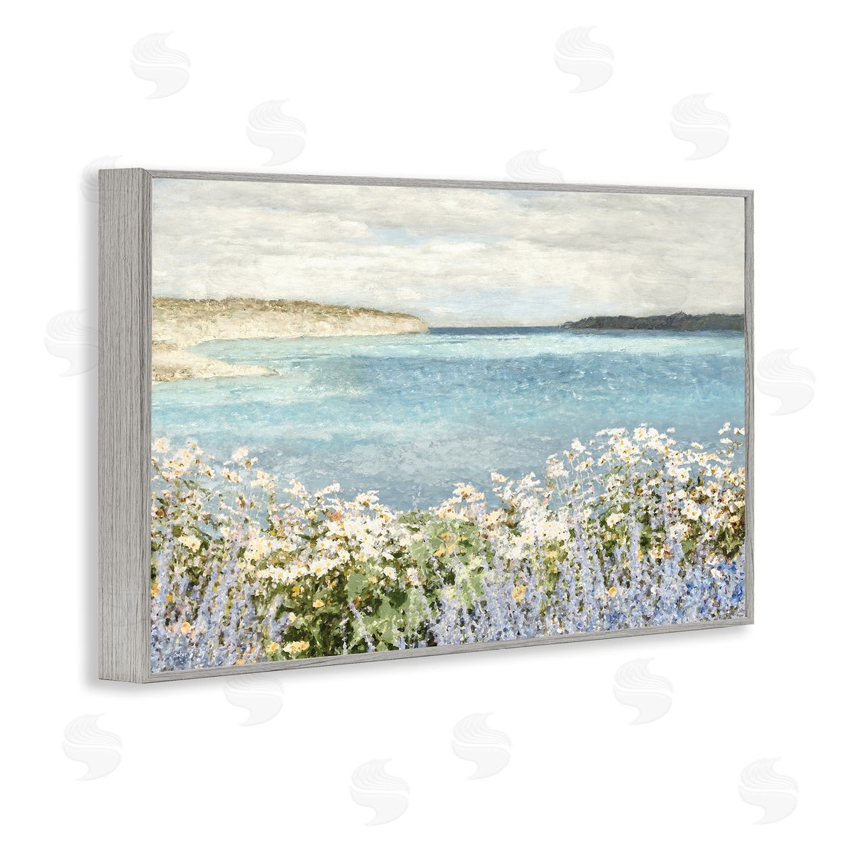 Daisy Field over Sea Grey Frame Print Wall Art, Home Decor by Amber Sterling