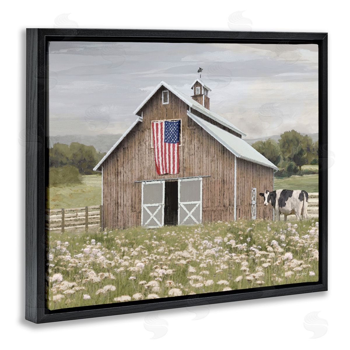 Patriotic Barn & Cow Black Floating Frame Canvas Wall Art, Home Decor by Amber Sterling