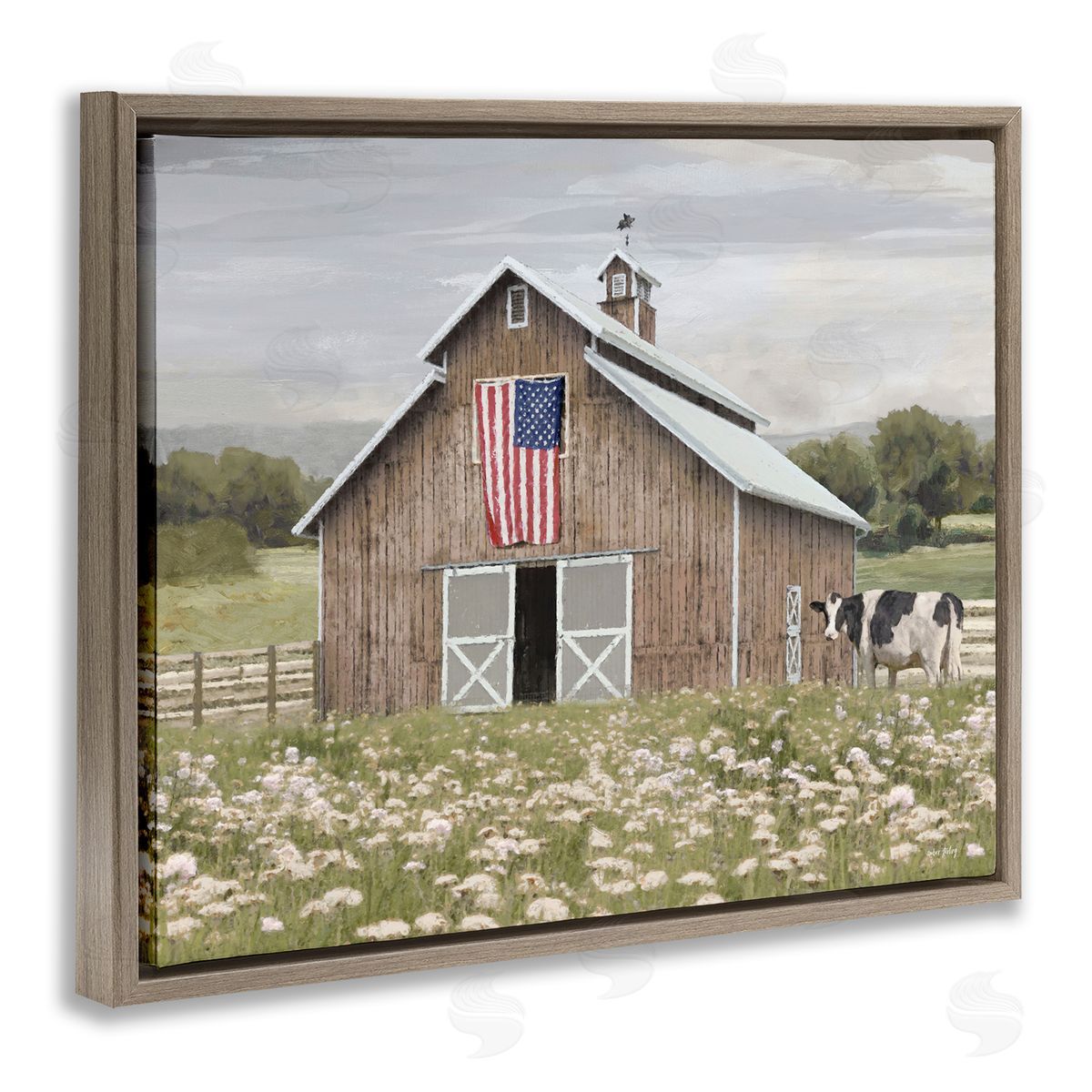 Patriotic Barn & Cow Brown Floating Frame Canvas Wall Art, Home Decor by Amber Sterling