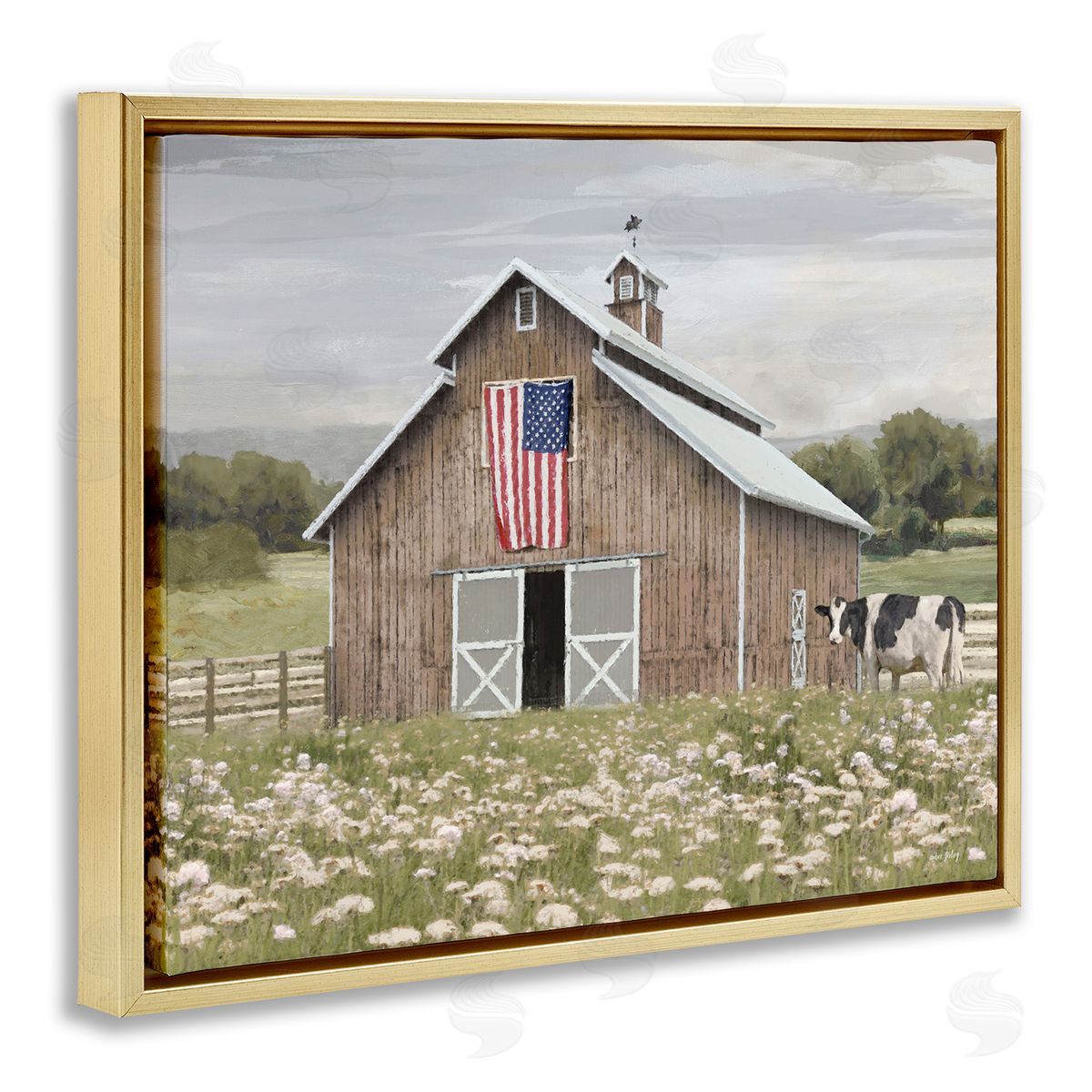 Patriotic Barn & Cow Gold Floating Frame Canvas Wall Art, Home Decor by Amber Sterling