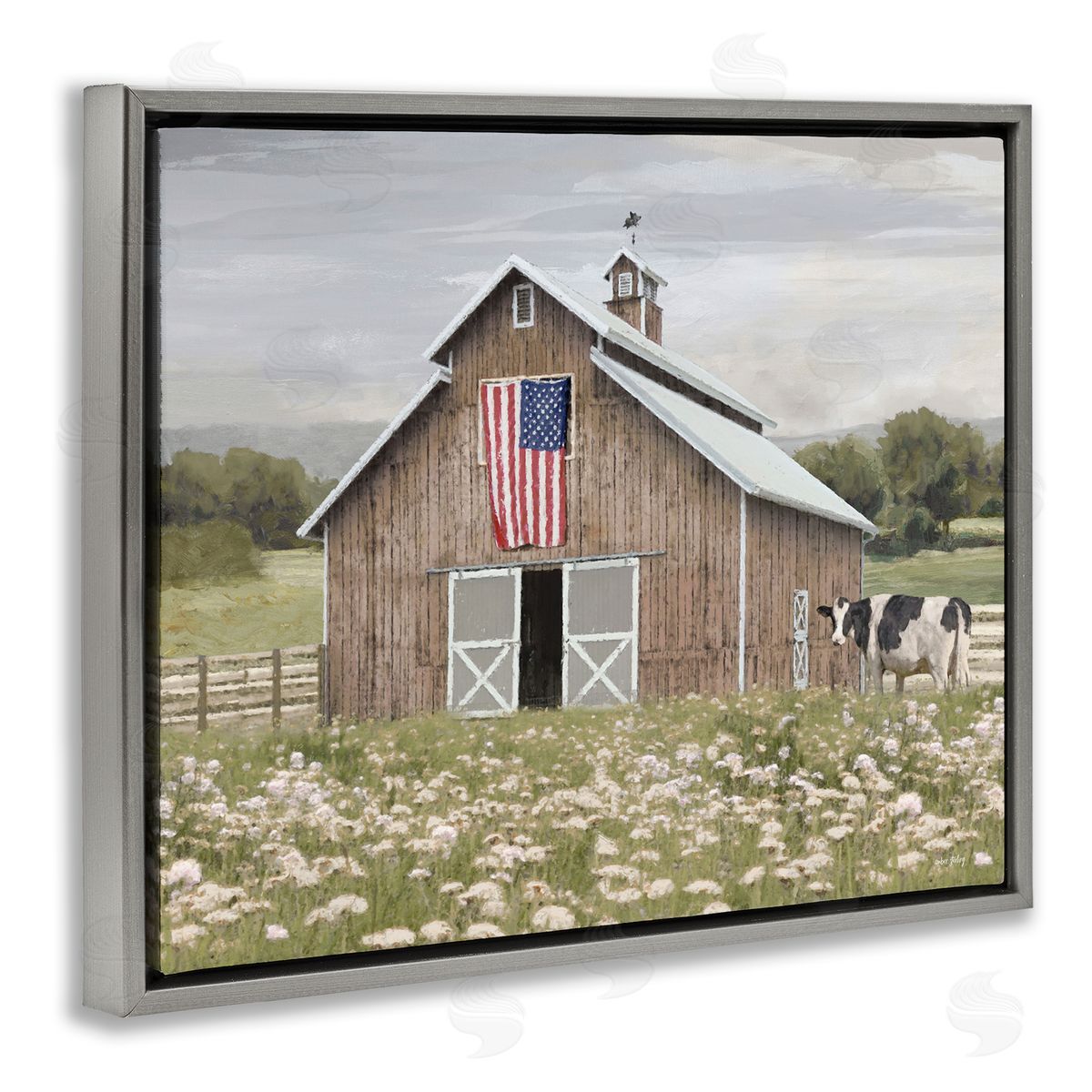 Patriotic Barn & Cow Grey Floating Frame Canvas Wall Art, Home Decor by Amber Sterling