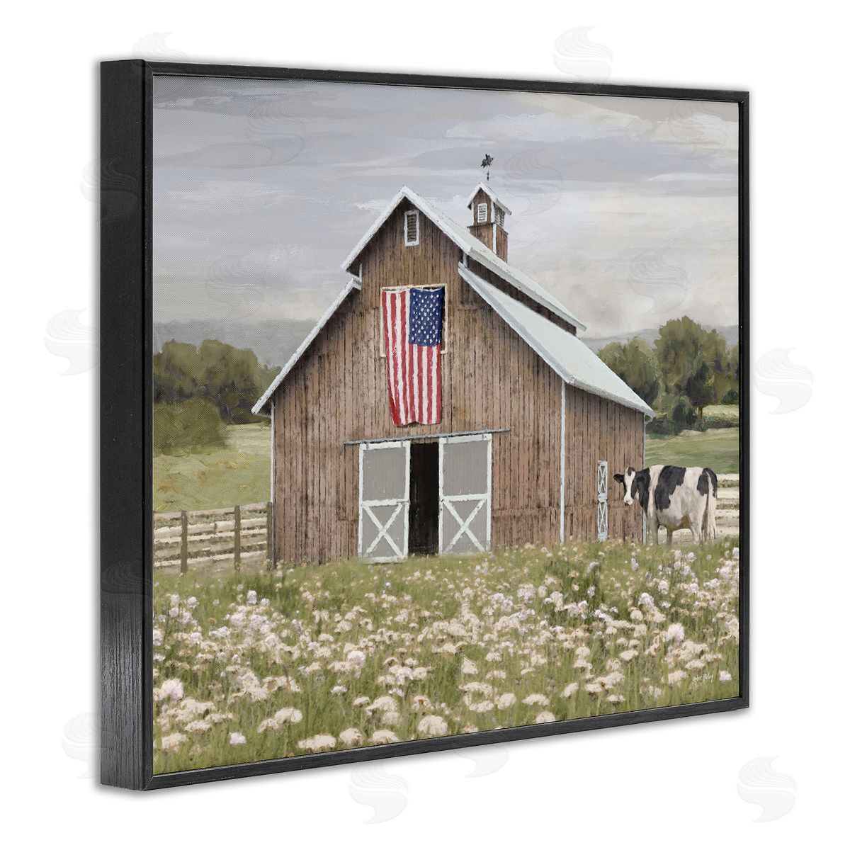 Patriotic Barn & Cow Black Frame Print Wall Art, Home Decor by Amber Sterling