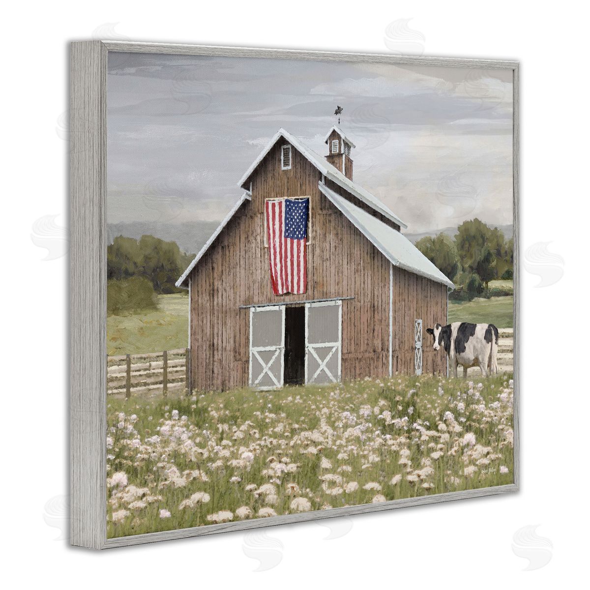 Patriotic Barn & Cow Grey Frame Print Wall Art, Home Decor by Amber Sterling