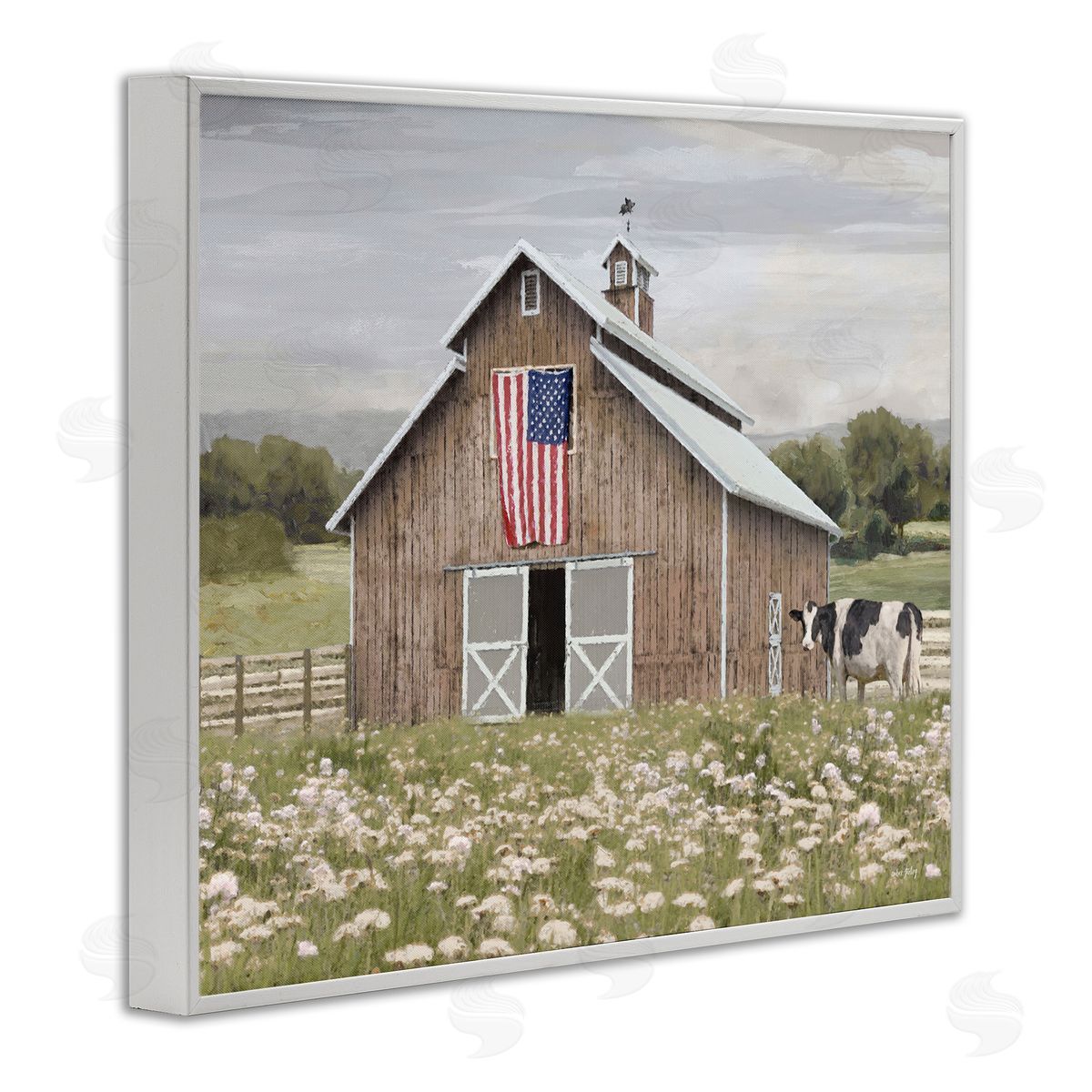 Patriotic Barn & Cow White Frame Print Wall Art, Home Decor by Amber Sterling