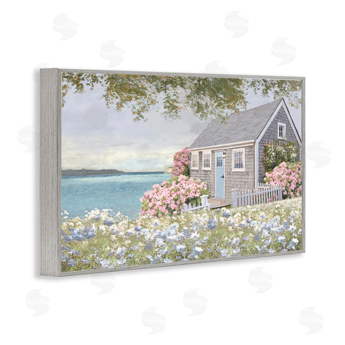 Cottage with Rose Garden Grey Frame Print Wall Art, Home Decor by Amber Sterling