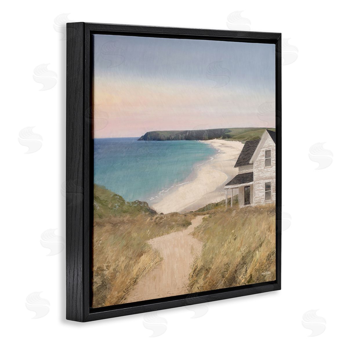 Cottage Down By Shore Black Floating Frame Canvas Wall Art, Home Decor by Amber Sterling