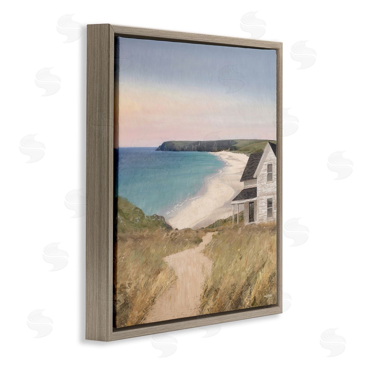 Cottage Down By Shore Brown Floating Frame Canvas Wall Art, Home Decor by Amber Sterling