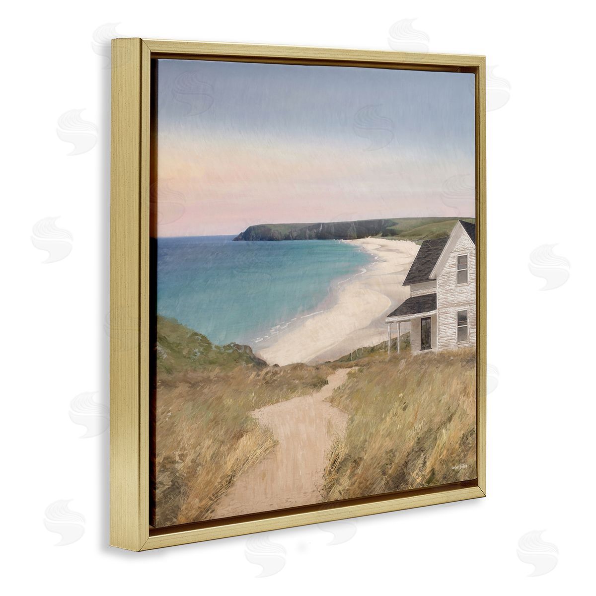 Cottage Down By Shore Gold Floating Frame Canvas Wall Art, Home Decor by Amber Sterling