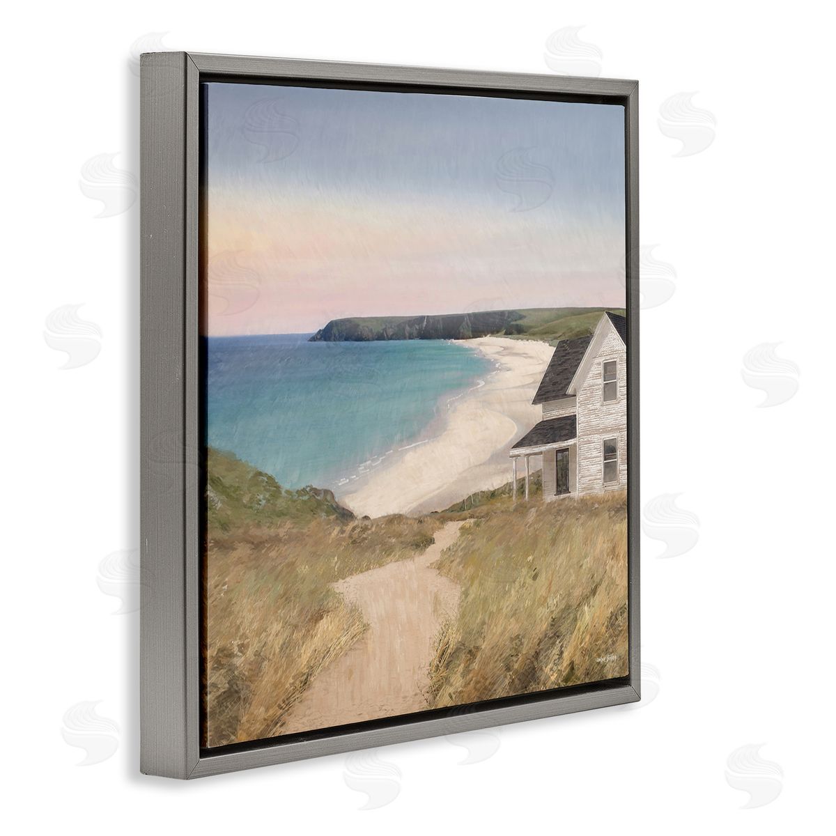 Cottage Down By Shore Grey Floating Frame Canvas Wall Art, Home Decor by Amber Sterling