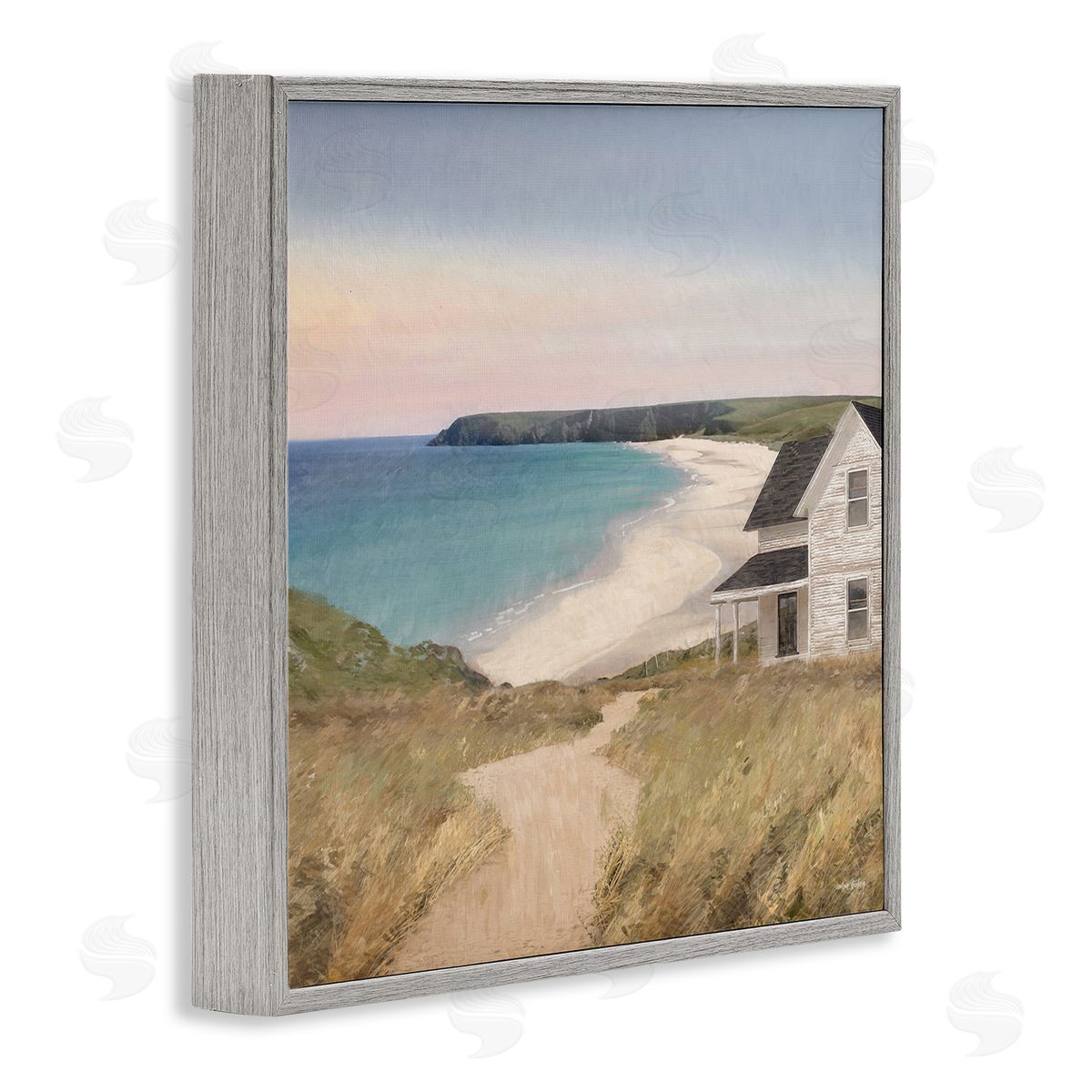 Cottage Down By Shore Grey Frame Print Wall Art, Home Decor by Amber Sterling