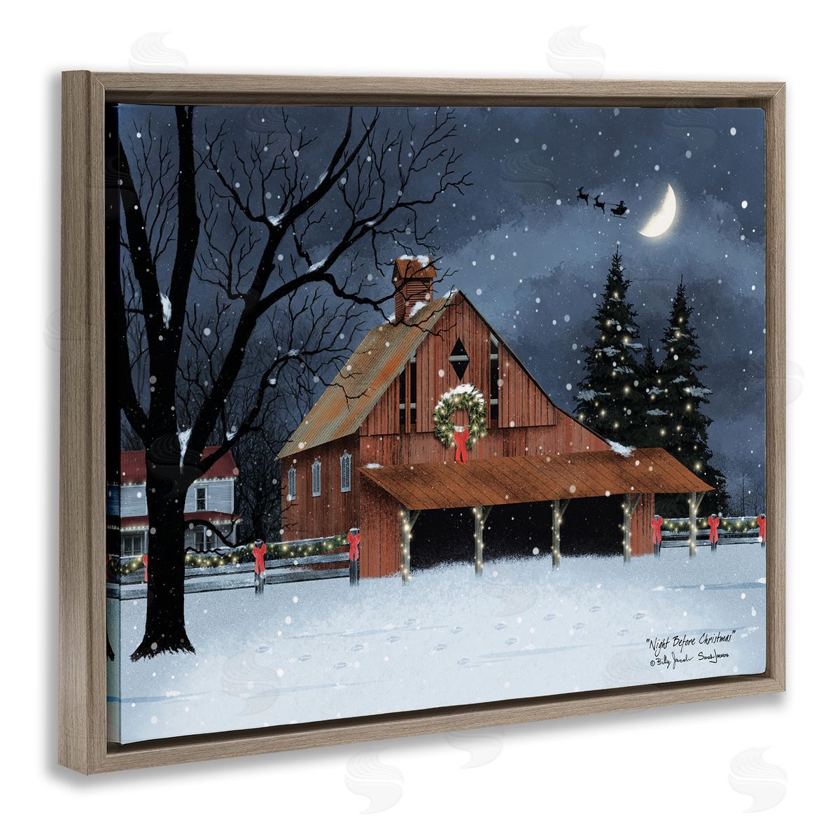 Night Before Christmas Barn Brown Floating Frame Canvas Wall Art, Home Decor by Billy Jacobs