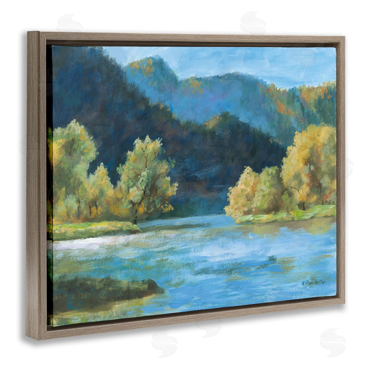 Blue Hued Mountains Brown Floating Frame Canvas Wall Art, Home Decor by Pam Britton