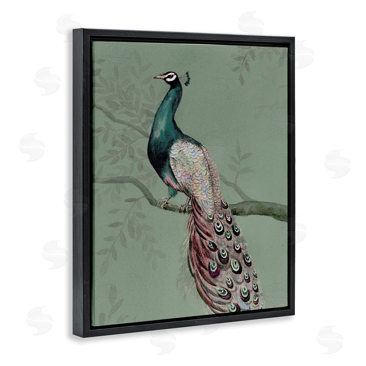 Regal Peacock on Branch Black Floating Frame Canvas Wall Art, Home Decor by Cloverfield & Co.