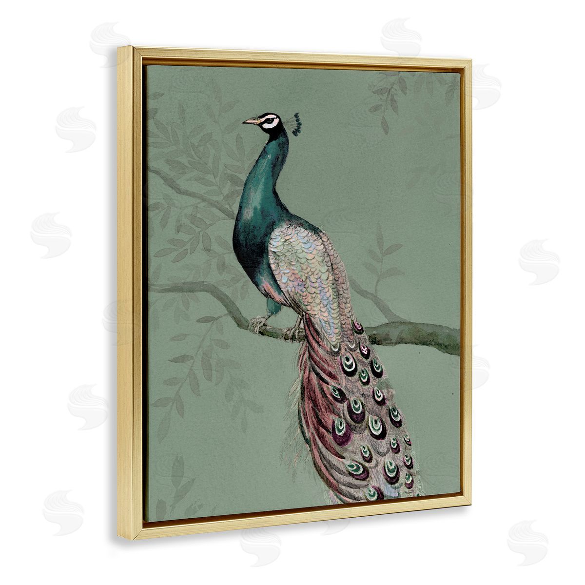 Regal Peacock on Branch Gold Floating Frame Canvas Wall Art, Home Decor by Cloverfield & Co.