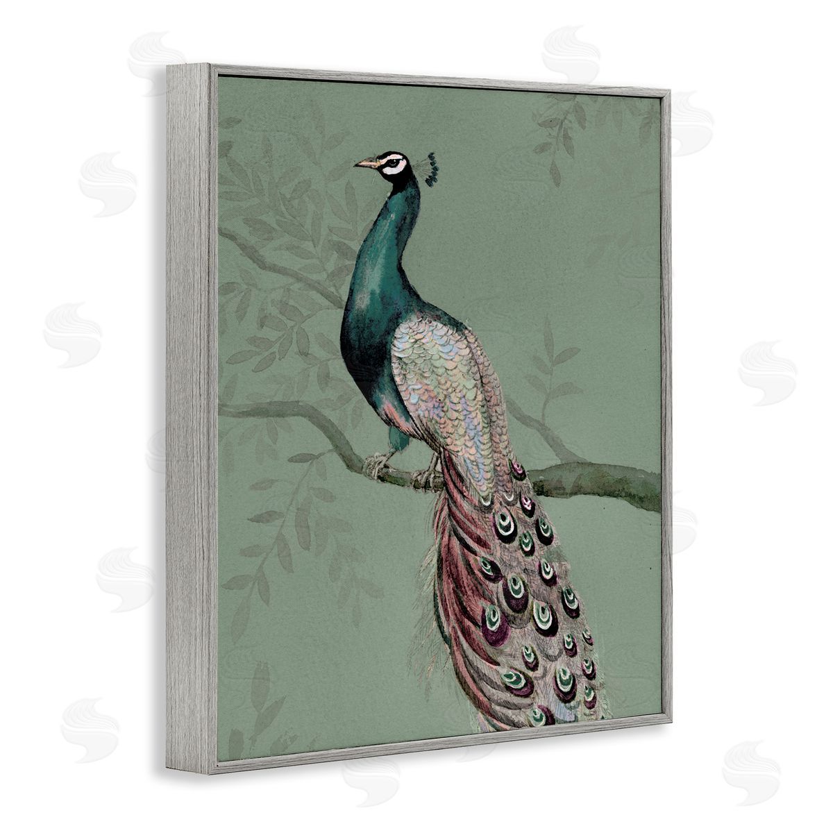 Regal Peacock on Branch Grey Frame Print Wall Art, Home Decor by Cloverfield & Co.