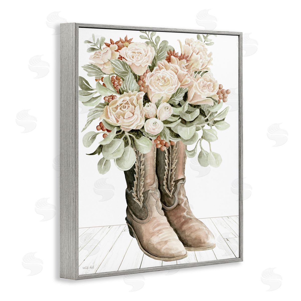 Chic Bouquet Boots Grey Frame Print Wall Art, Home Decor by Cindy Jacobs
