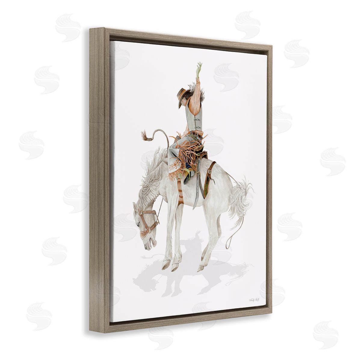 Cowgirl on Rearing Horse Brown Floating Frame Canvas Wall Art, Home Decor by Cindy Jacobs