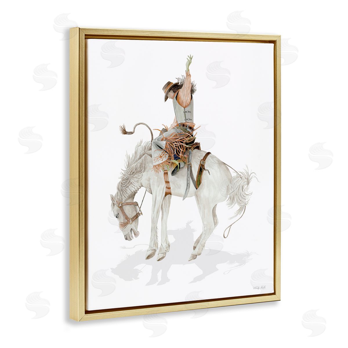 Cowgirl on Rearing Horse Gold Floating Frame Canvas Wall Art, Home Decor by Cindy Jacobs