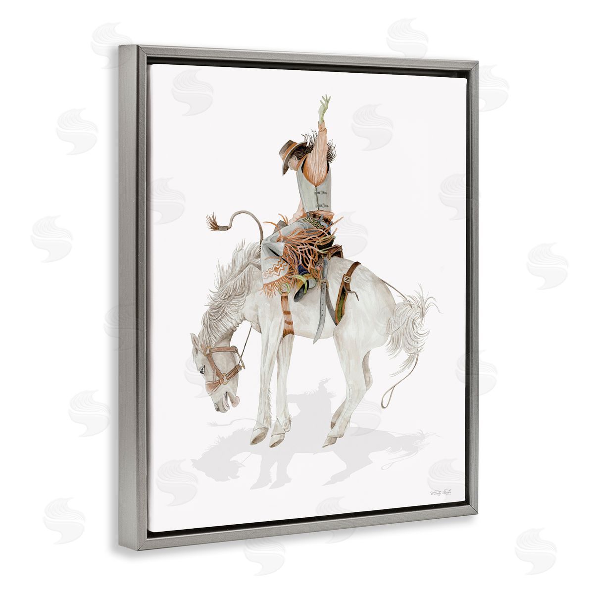 Cowgirl on Rearing Horse Grey Floating Frame Canvas Wall Art, Home Decor by Cindy Jacobs
