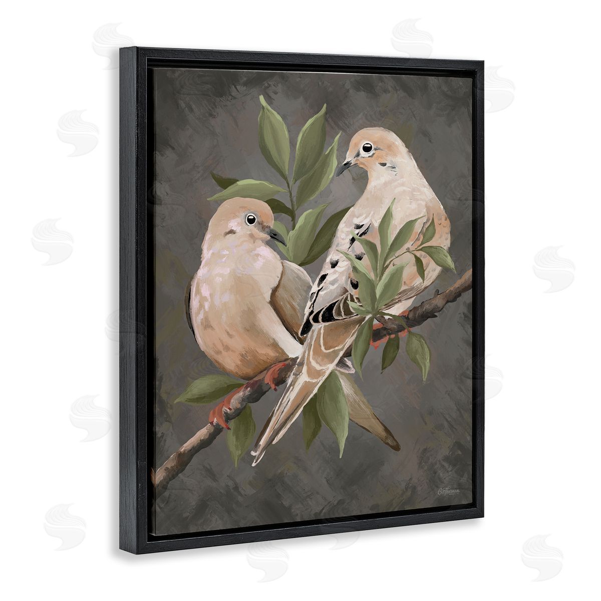 Bird Pair on Grey Black Floating Frame Canvas Wall Art, Home Decor by Cat Thurman Designs