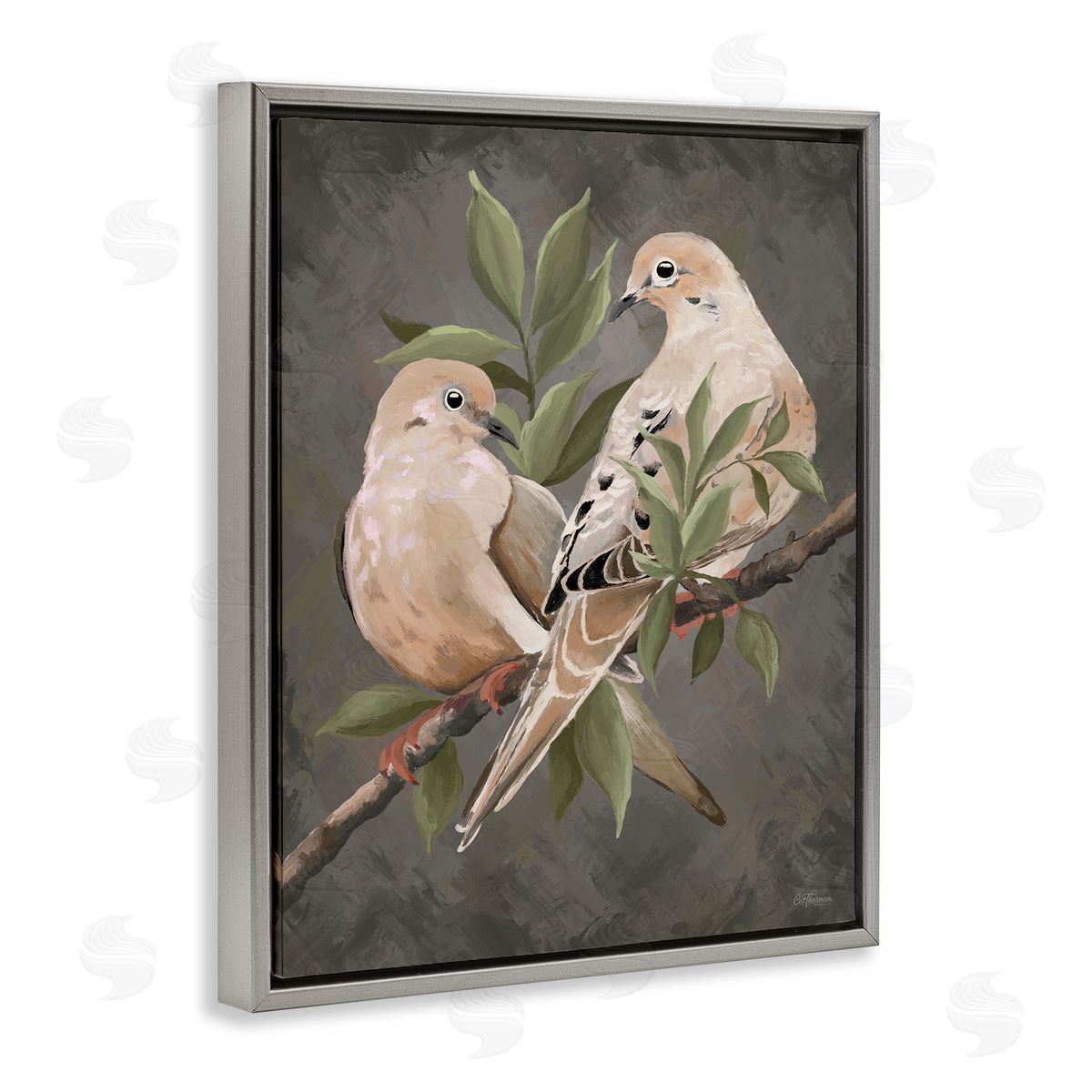 Bird Pair on Grey Grey Floating Frame Canvas Wall Art, Home Decor by Cat Thurman Designs