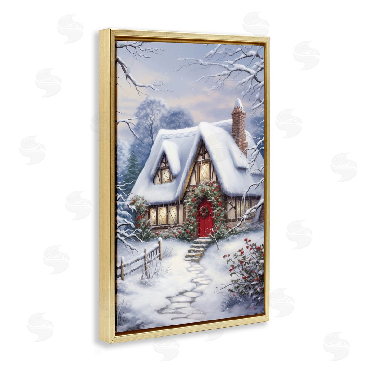 Niveous Winter Cottage Gold Floating Frame Canvas Wall Art, Home Decor by Heidi Kuntz