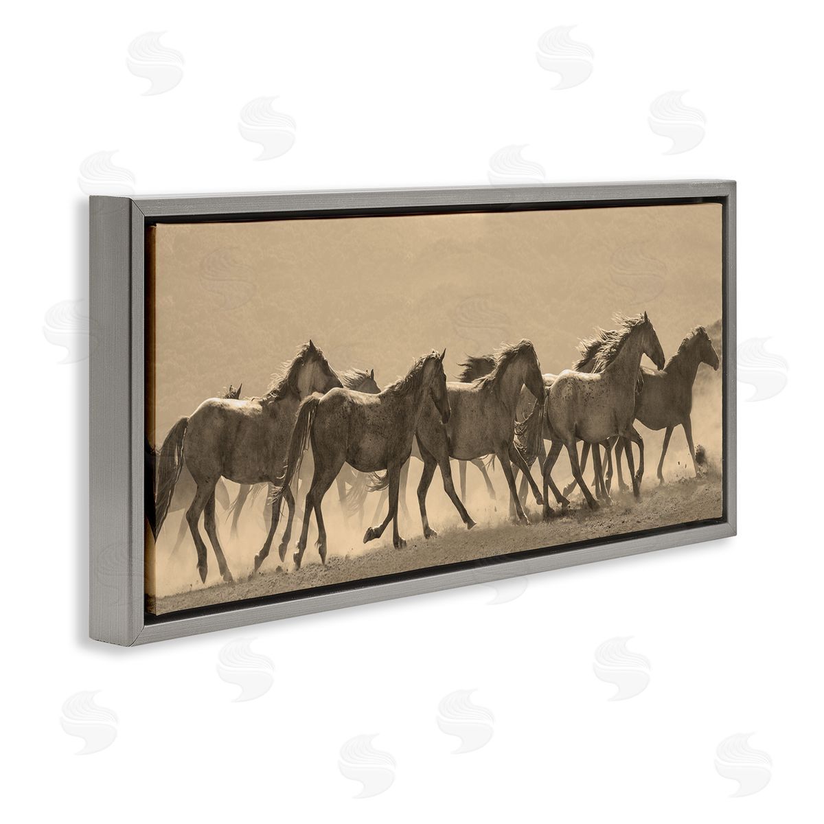 Western Horses Gallop Grey Floating Frame Canvas Wall Art, Home Decor by JG Studio