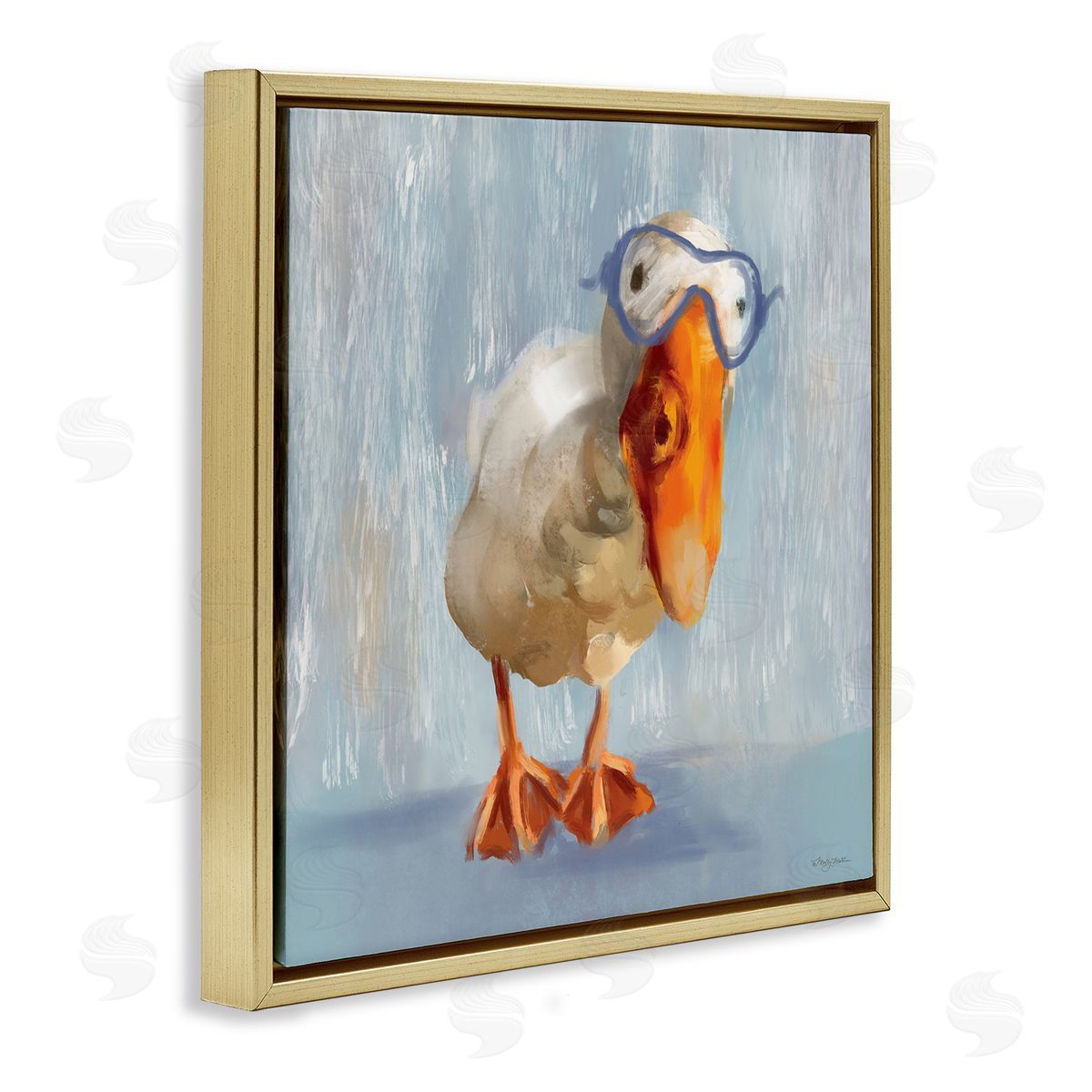 Goose with Scooba Mask Gold Floating Frame Canvas Wall Art, Home Decor by Molly Mattin
