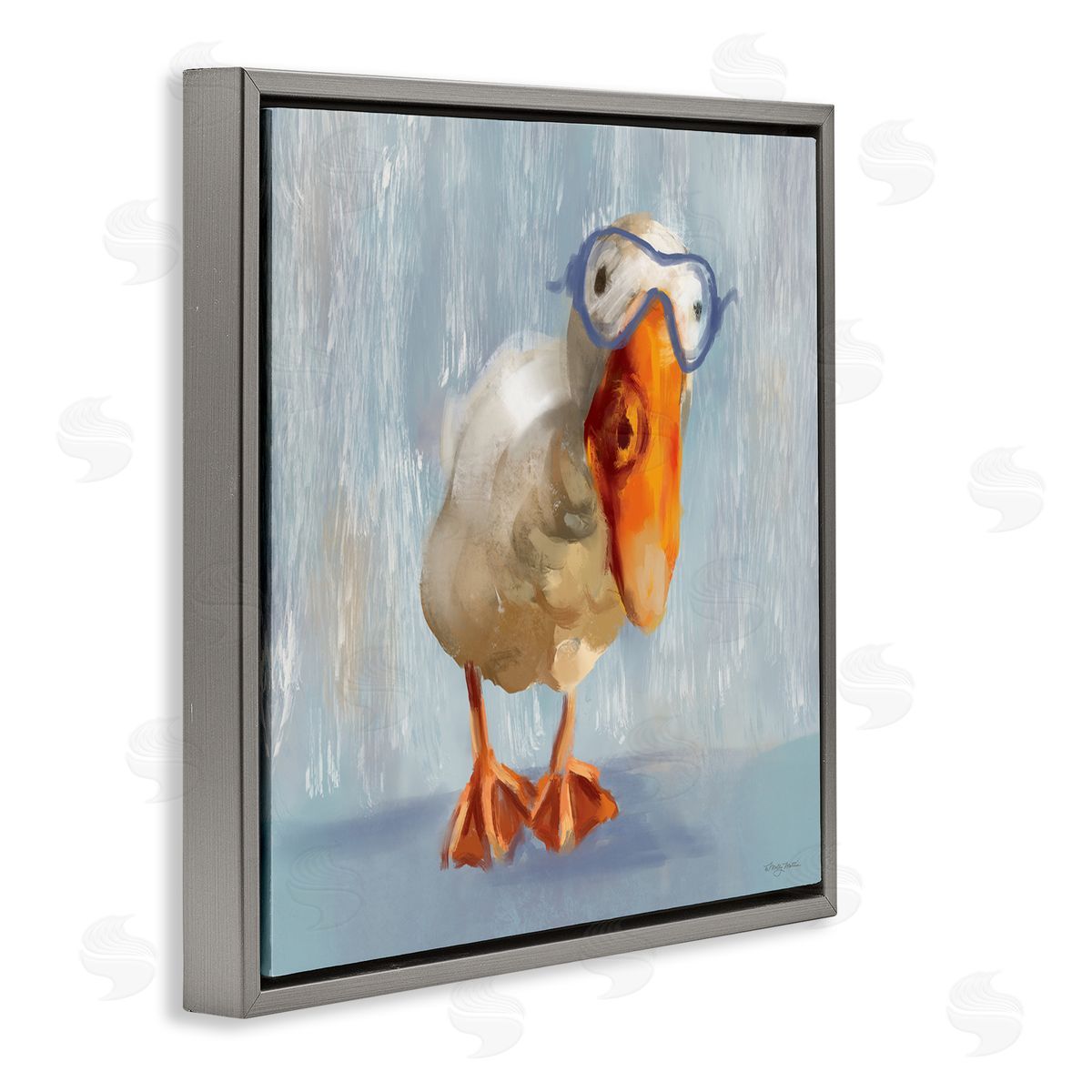 Goose with Scooba Mask Grey Floating Frame Canvas Wall Art, Home Decor by Molly Mattin
