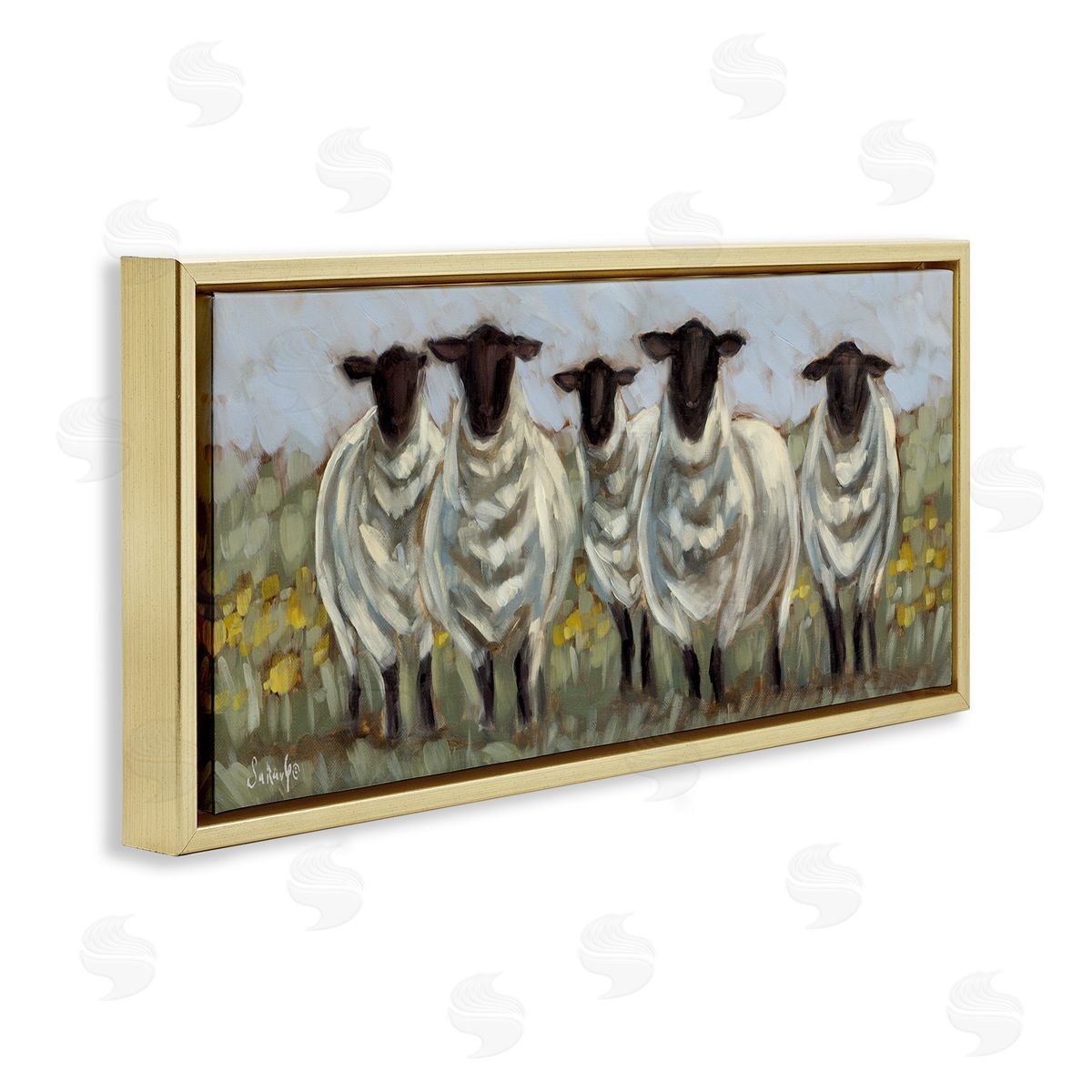 Gazing Sheep Impression Gold Floating Frame Canvas Wall Art, Home Decor by Sara G. Designs