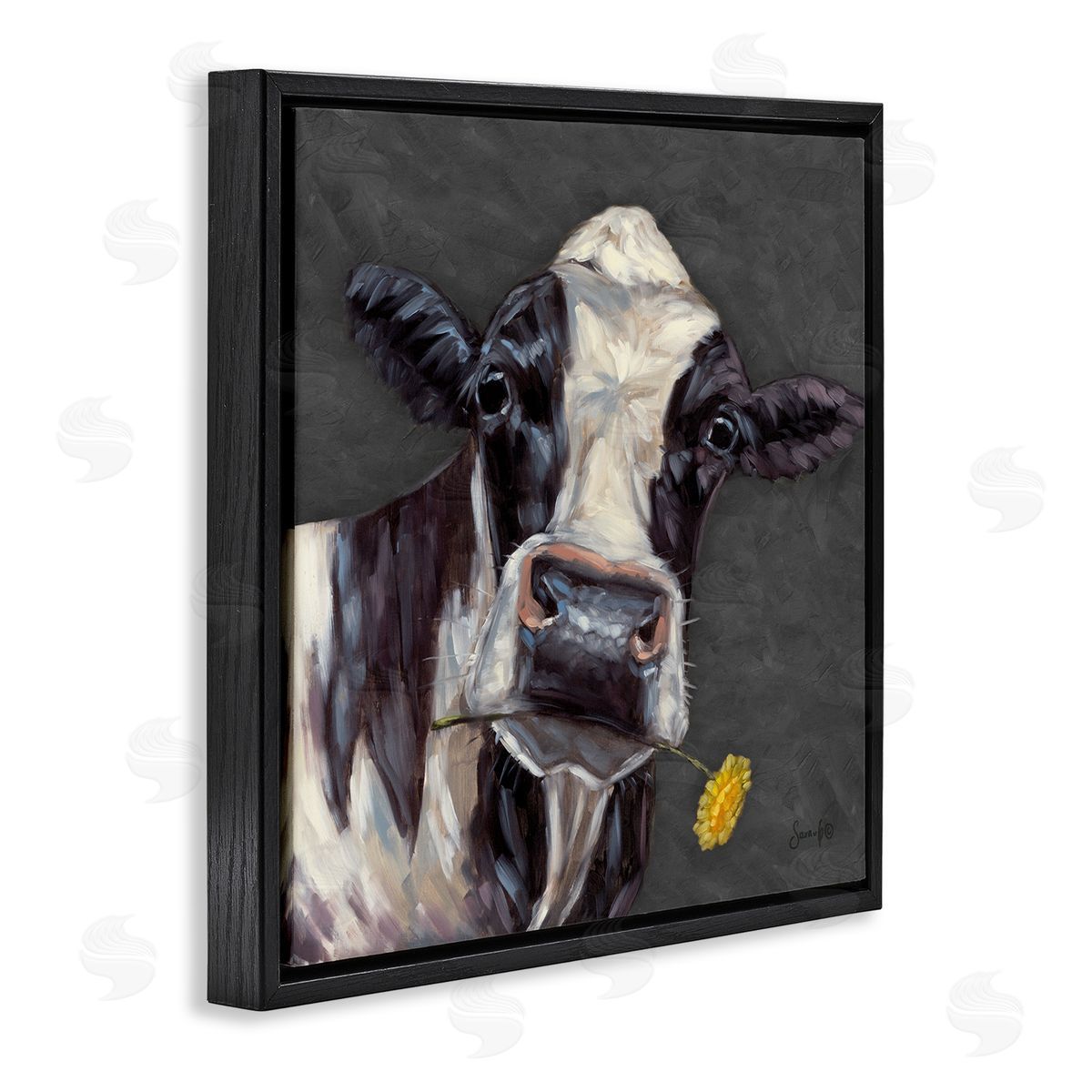 Cow with Yellow Daisy Black Floating Frame Canvas Wall Art, Home Decor by Sara G. Designs