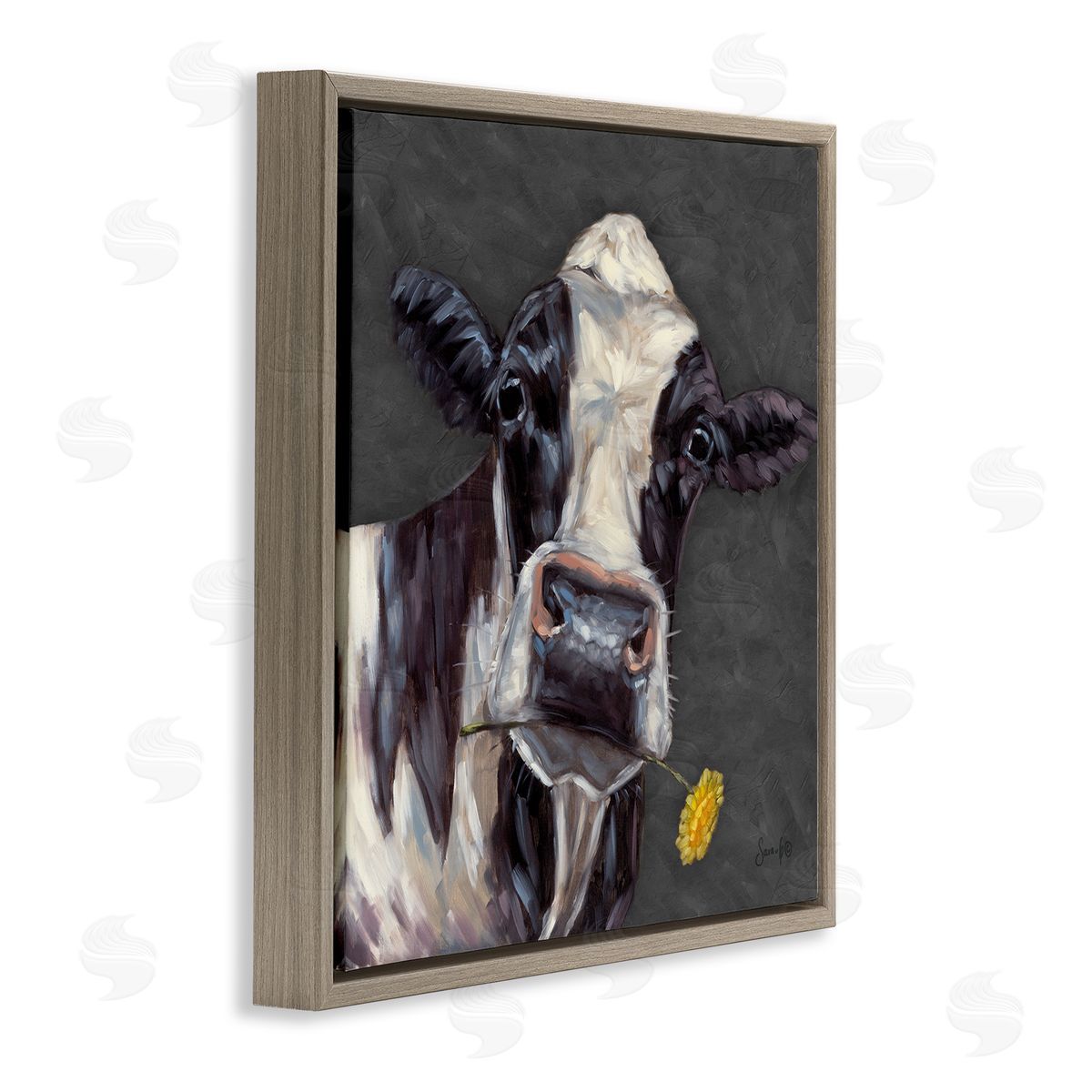 Cow with Yellow Daisy Brown Floating Frame Canvas Wall Art, Home Decor by Sara G. Designs