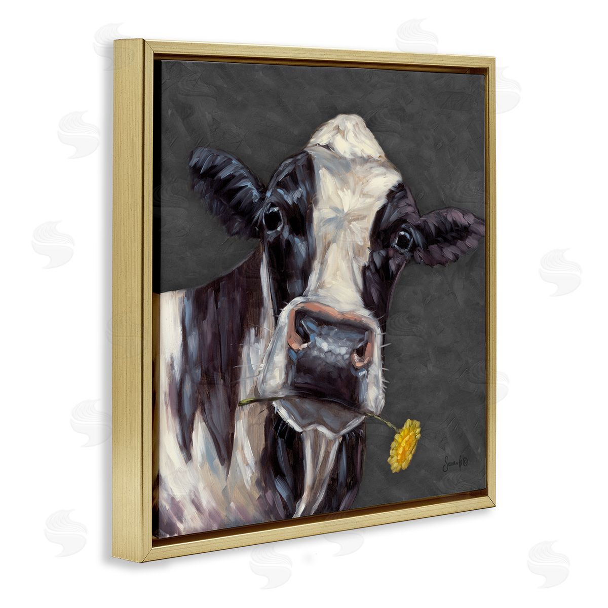 Cow with Yellow Daisy Gold Floating Frame Canvas Wall Art, Home Decor by Sara G. Designs