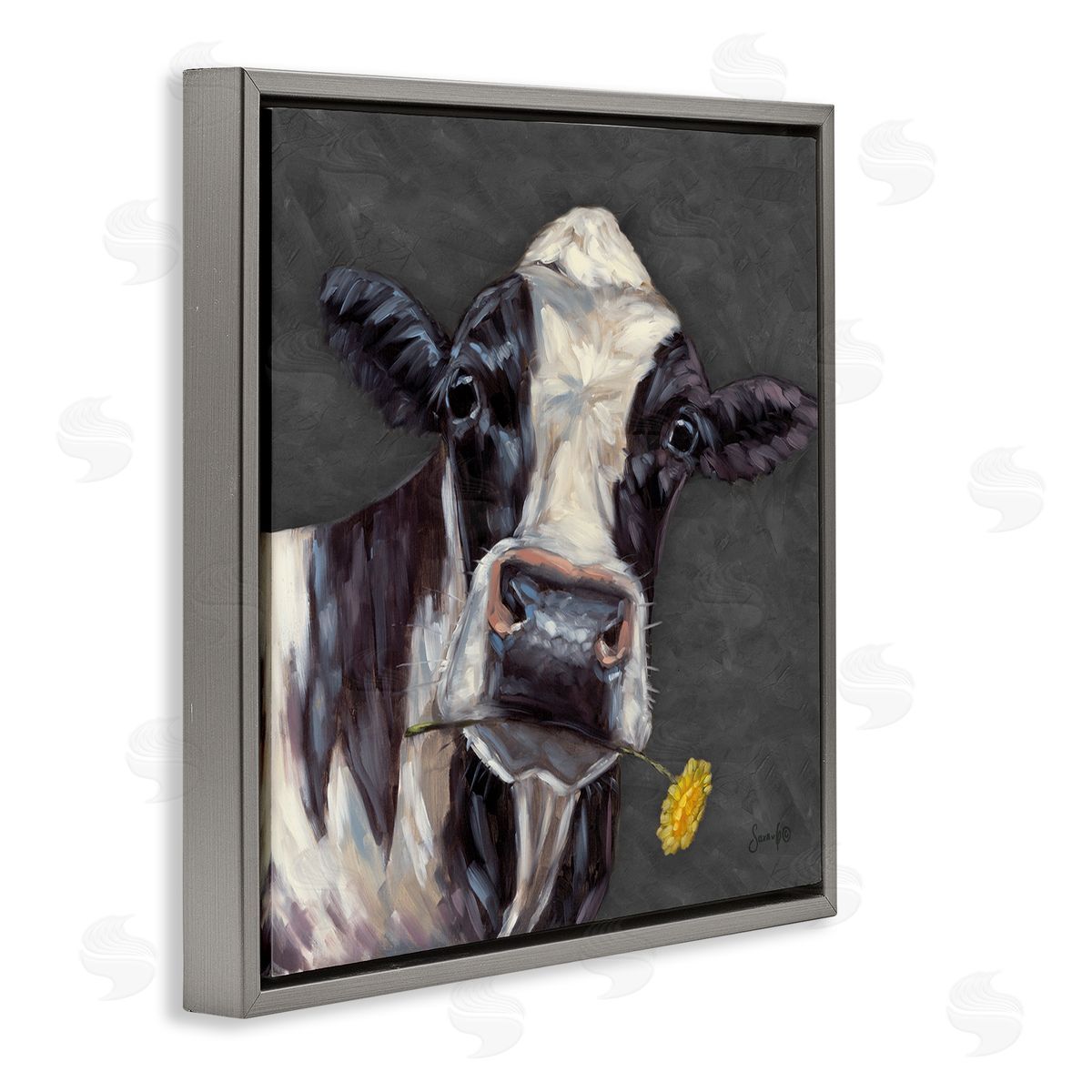 Cow with Yellow Daisy Grey Floating Frame Canvas Wall Art, Home Decor by Sara G. Designs