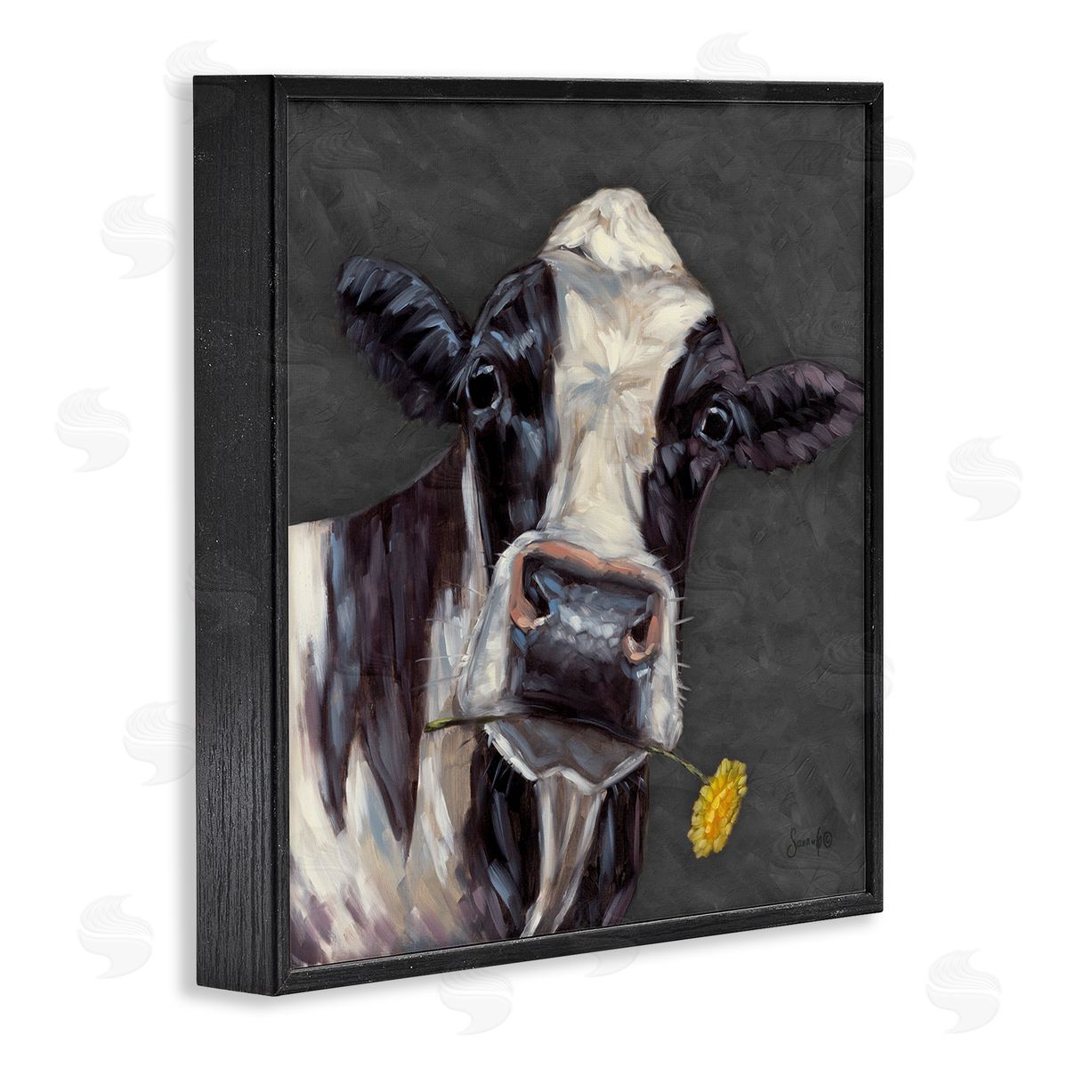Cow with Yellow Daisy Black Frame Print Wall Art, Home Decor by Sara G. Designs