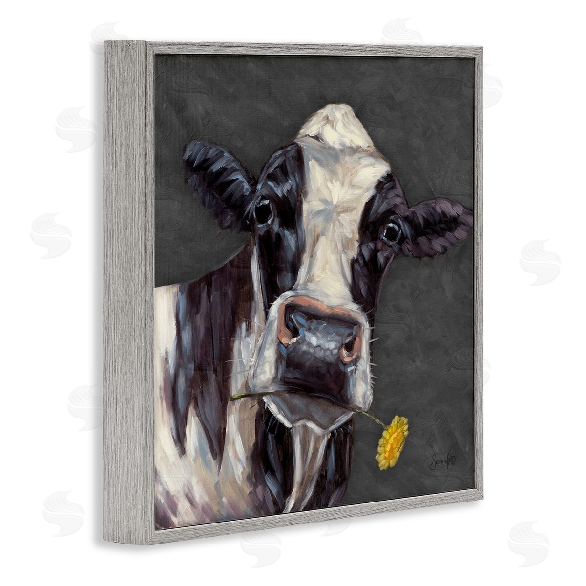 Cow with Yellow Daisy Grey Frame Print Wall Art, Home Decor by Sara G. Designs