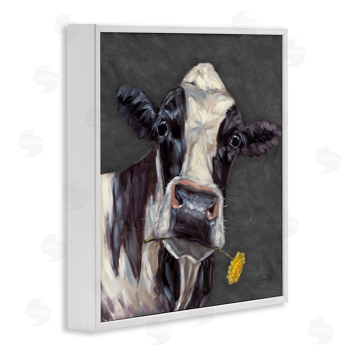 Cow with Yellow Daisy White Frame Print Wall Art, Home Decor by Sara G. Designs