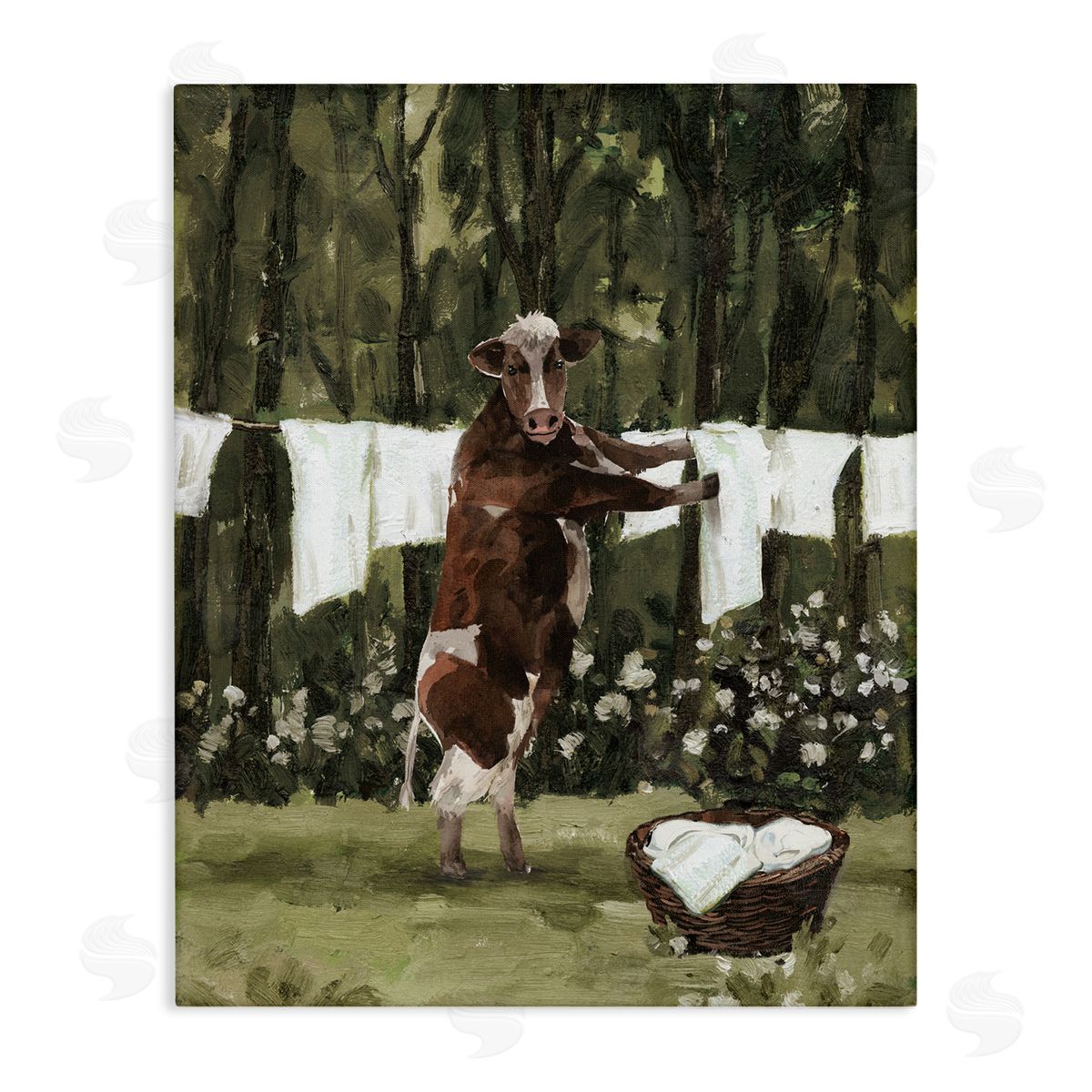Brown Cow Doing Laundry Canvas Wall Art, Home Decor by White Ladder