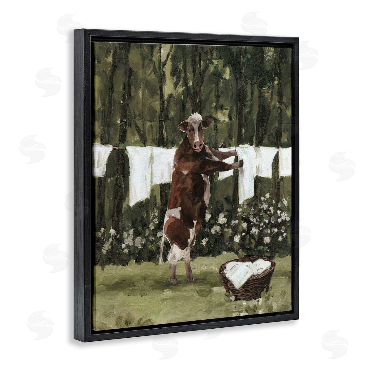 Brown Cow Doing Laundry Black Floating Frame Canvas Wall Art, Home Decor by White Ladder