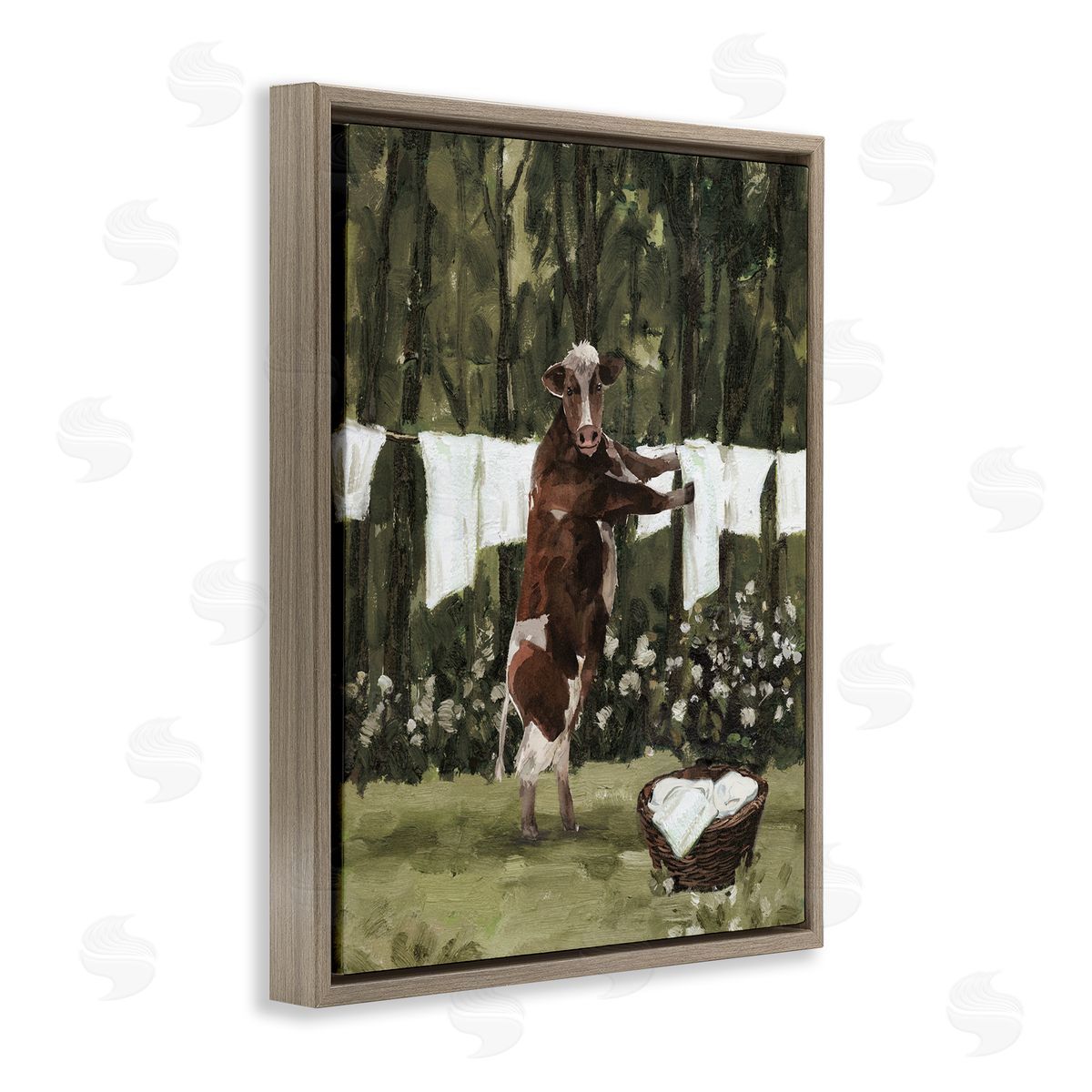 Brown Cow Doing Laundry Brown Floating Frame Canvas Wall Art, Home Decor by White Ladder