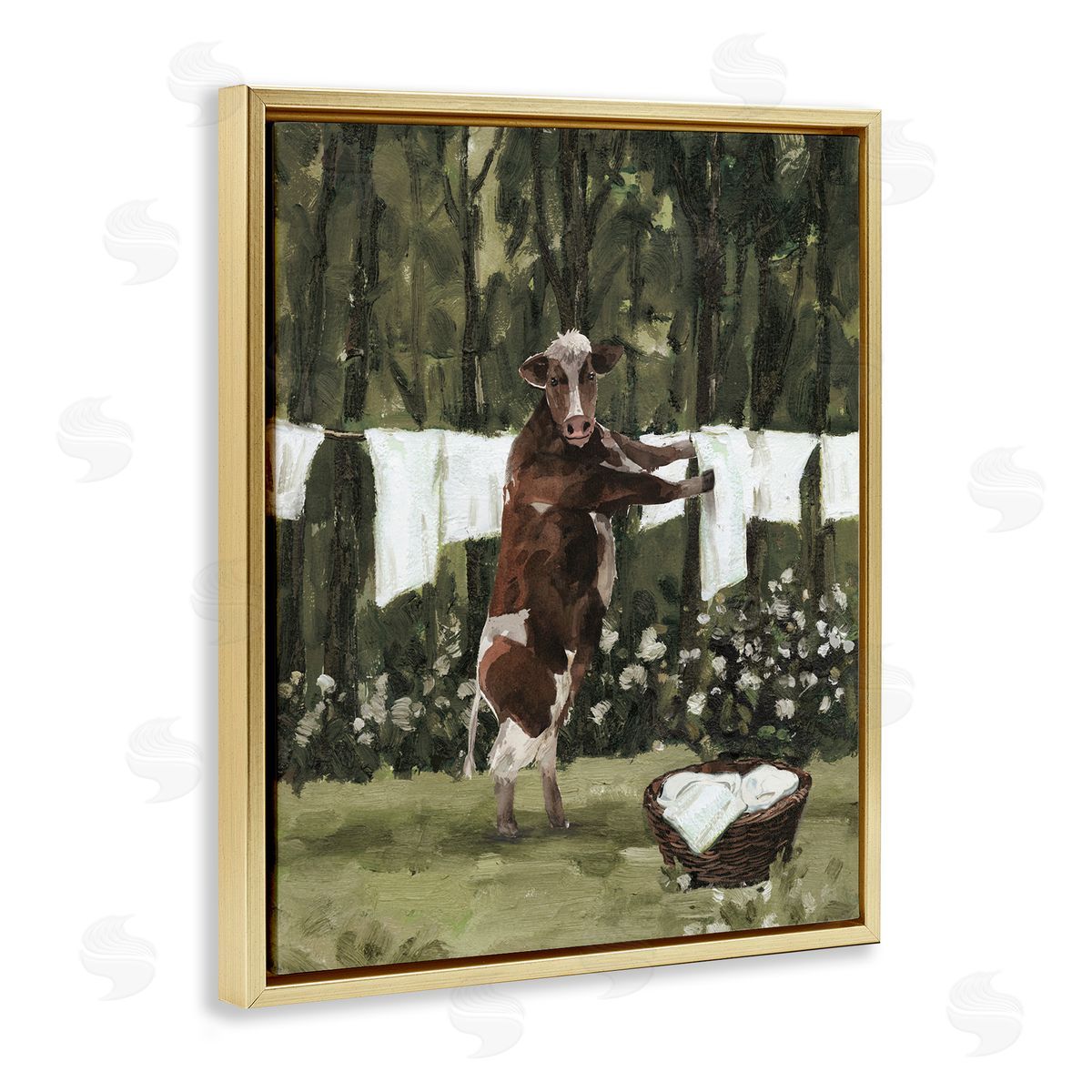Brown Cow Doing Laundry Gold Floating Frame Canvas Wall Art, Home Decor by White Ladder